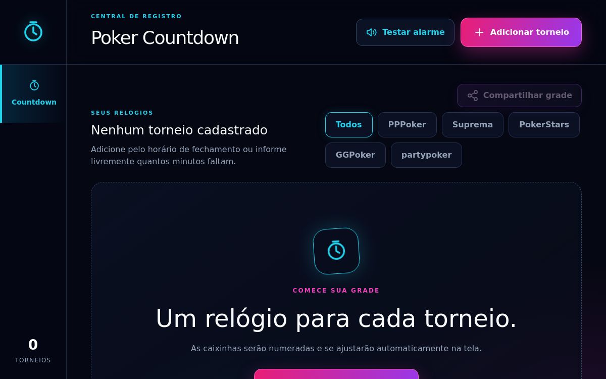 Página inicial do projeto Poker Countdown